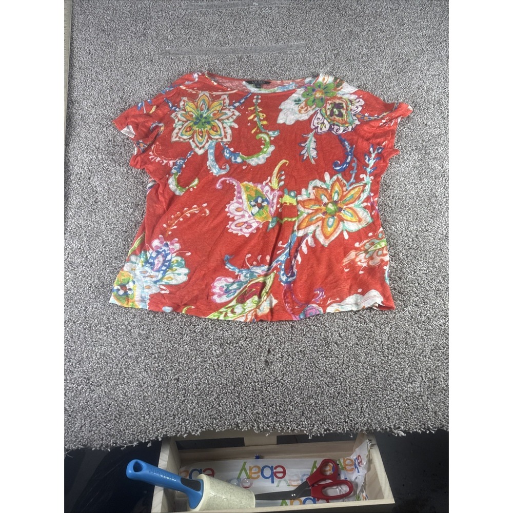 Ralph Lauren LRL Shift Linen Voile Orange Red Floral Lined Size 2X